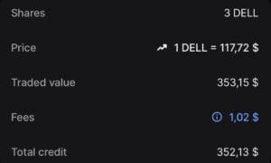 Screenshot of a Dell stock sale transaction showing the price per share, total traded value, fees, and final credit amount – Dell Stock Forecast.